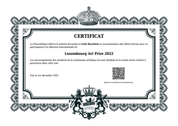 Luxembourg art prize 2022, certificat de participation, Carlo Ravedoni,